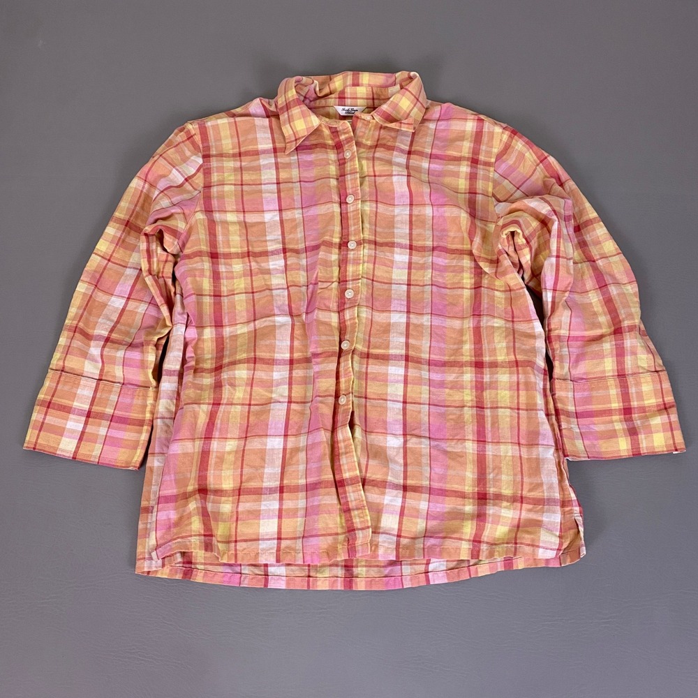 Talbots Irish Linen Button‎ Up Shirt Women's Large Plaid Pink Orange 3/4 Sleeve